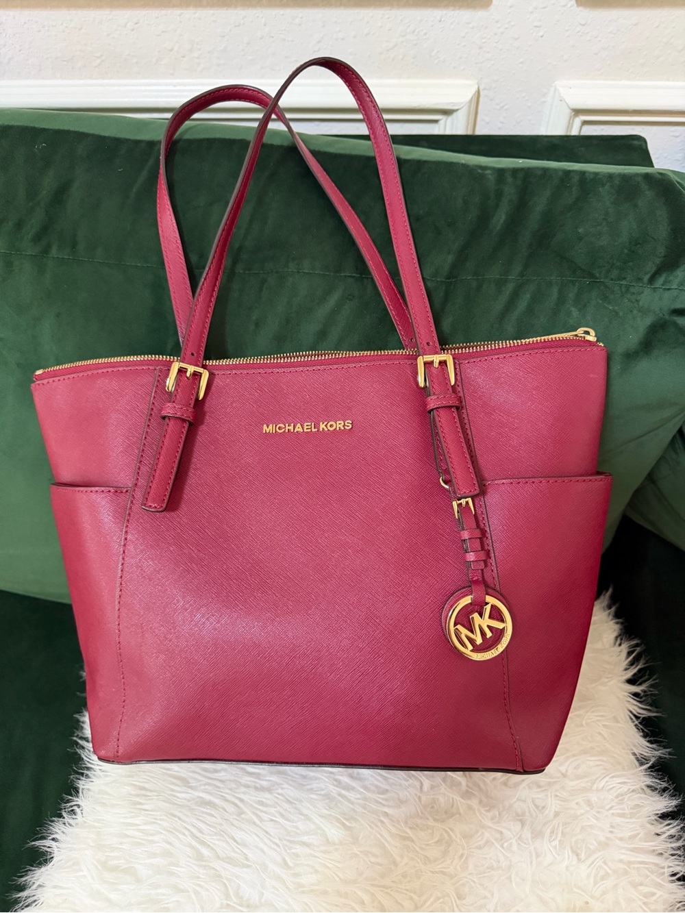 Michael Kors Wine Saffiano Leather Tote with Gold Hardware